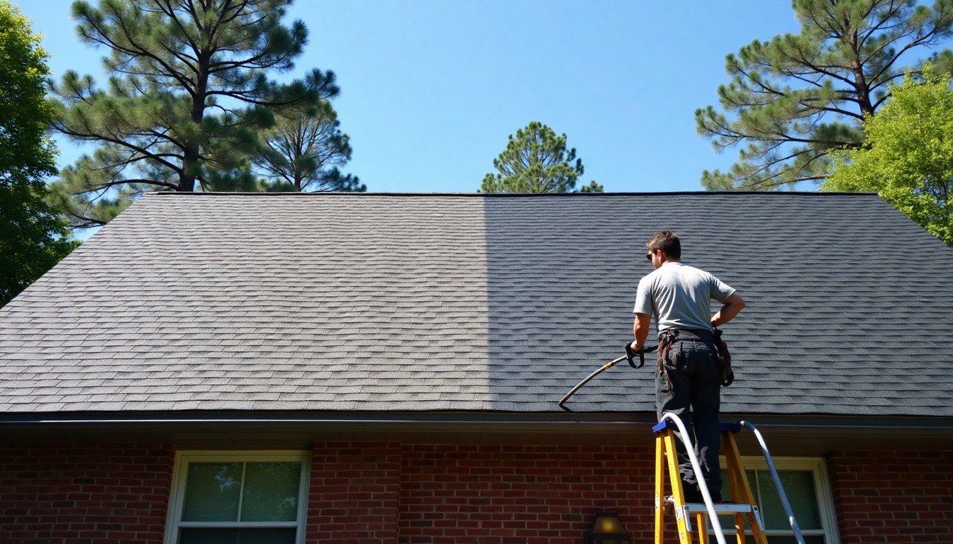 Charcoal shingle roof on a brick house with dark algae streaks on one slope and the other slope clean, worker on a ladder at the gutter line