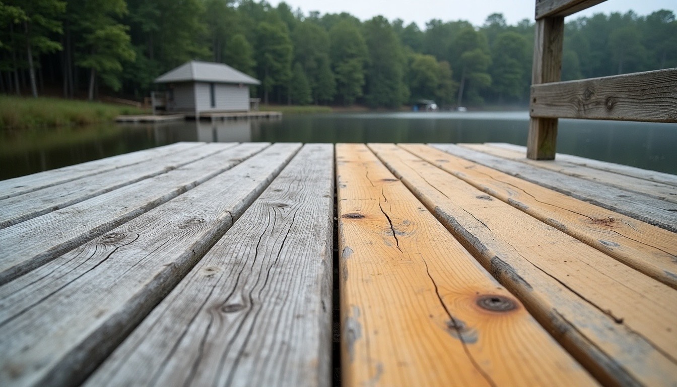 Weathered grey wood deck with one half cleaned back to warm tan, lake water and a boathouse visible past the railing