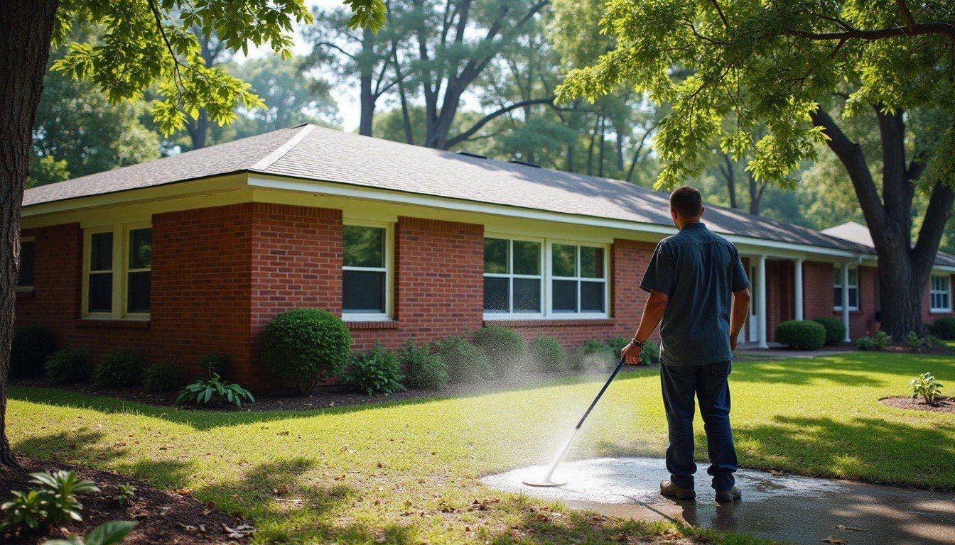 Worker soft washing the brick and white trim of a one-story ranch house on a shaded street with pines and oaks behind it
